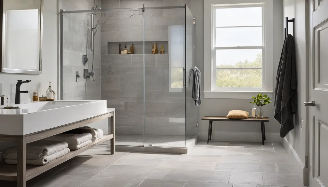 Modern walk-in shower with large tile and a built-in bench in a remodeled home bathroom in Birmingham